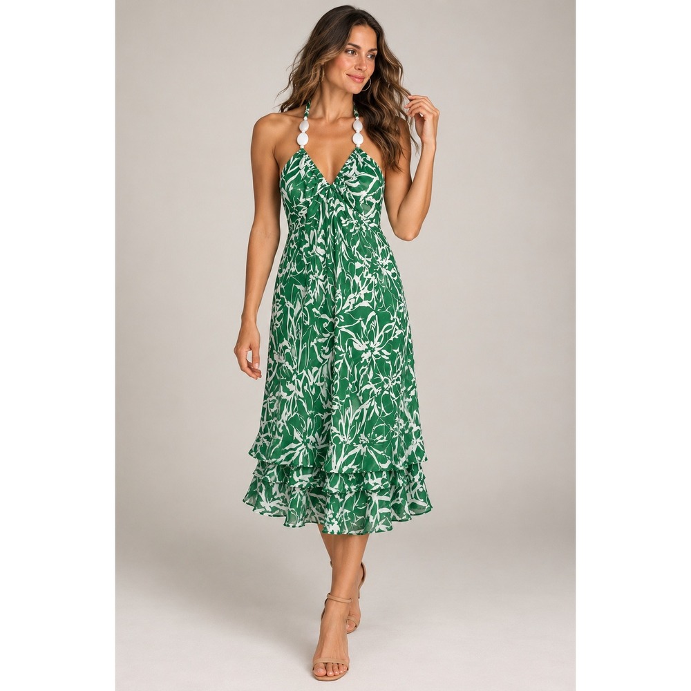 Silk Green White Floral Halter Dress Donna Ricco Size 10 Beaded Resort Midi